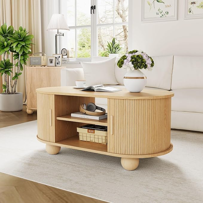 Rectangle Coffee Table, Fluted Coffee Tables for Living Room, Mid-Century Coffee Table Center Table with Storage & Sliding Doors for Apartment, Home Office (Natural)
