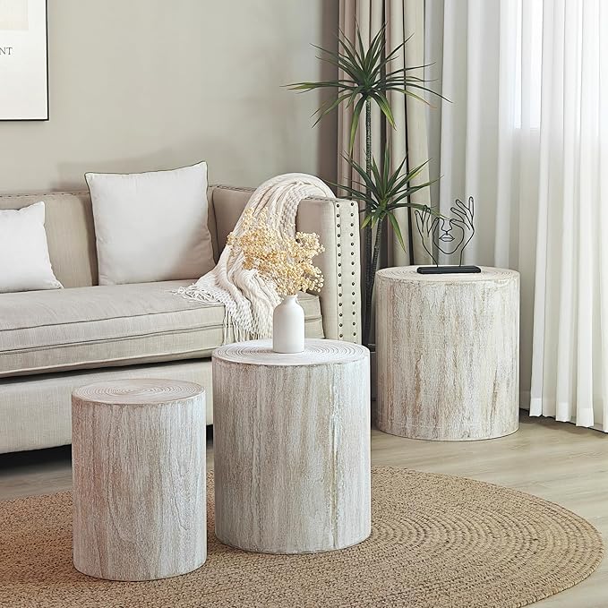 kevinplus Round Nesting Small Coffee Table Side Table End Set of 3 for Living Room Bedroom, Farmhouse Countryside Style, No Assembly, Antique White