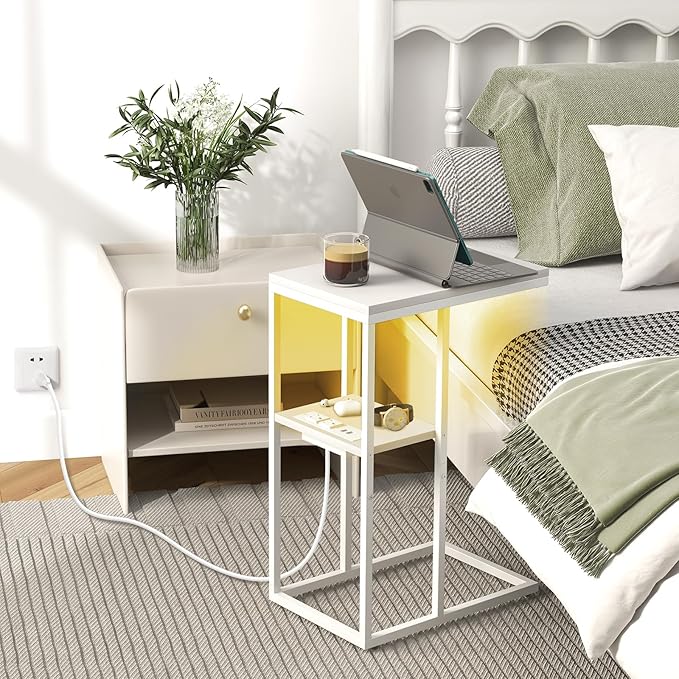 Yoobure LED C Shaped End Table with Charging Station, Small Side Tables for Living Room Bedroom, TV Tray Table with USB Ports and Outlets for Small Spaces, C Table for Couch Sofa, Bed Side Table