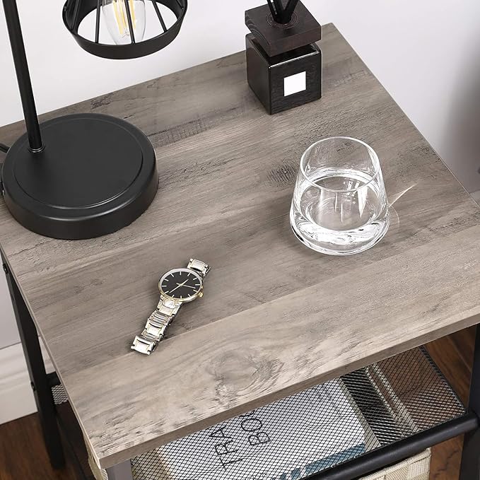 VASAGLE INDESTIC End Table, Nightstand with 2 Adjustable Mesh Shelves, Industrial Side Table for Living Room, Stable Metal Frame, Easy Assembly, Greige and Black ULET023B02