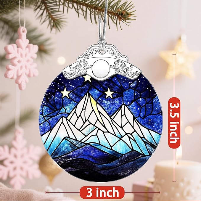 Stained Glass Ornament, Christmas Ornaments, Christmas Tree Ornaments & Holiday Decor – Gifts for Nature Lovers, Ideal Holiday Present & Xmas Gift - Starry Sky and Mountains
