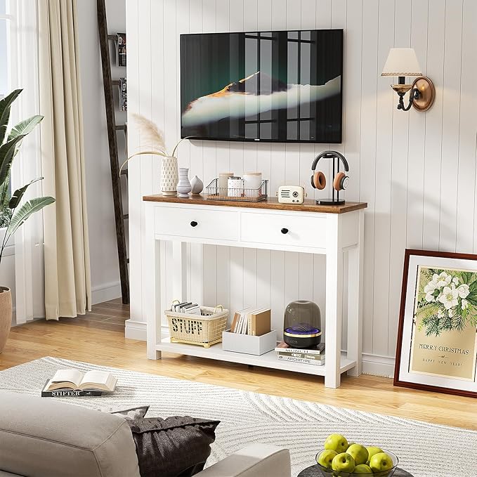 Homieasy Farmhouse Console Table with 2 Drawers, 32 Inch Small Sofa Table with Storage Shelf for Living Room, Behind Couch, Entryway Table for Hallway, Living Room, or Foyer, Rustic Brown and White