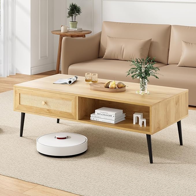 Farini Mid-Century Modern Coffee Table, 47 Inch Rectangle Console Table with Drawer & Shelf, Wooden Coffee Table for Living Room, Office, Nature