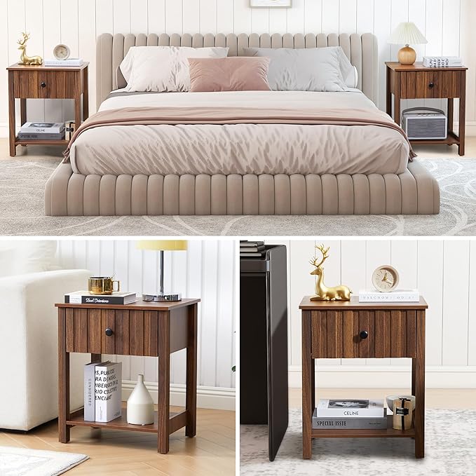 Wood Nightstand Set of 2, 21.65" H Bedside Table with Wide Fluted Finish, Modern Night Stands with Drawer, Mid Century End Table for Bedroom (Walnut-2 Packs)