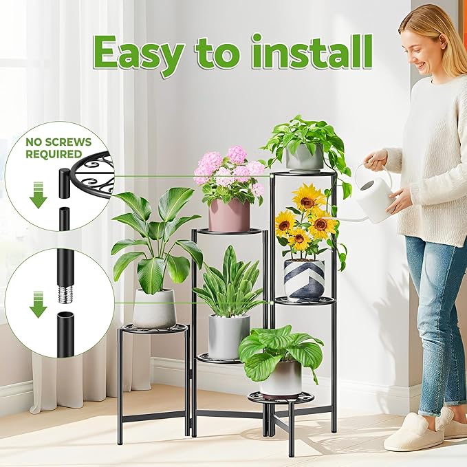 6 Tier Large Plant Stand Indoor with 7.9-Inch Wide Drainage Tray, Tiered Corner Metal Outdoor Flower Display Holder Shelf, Folding Tall Rack for House Patio Porch Balcony Graden - BlackS