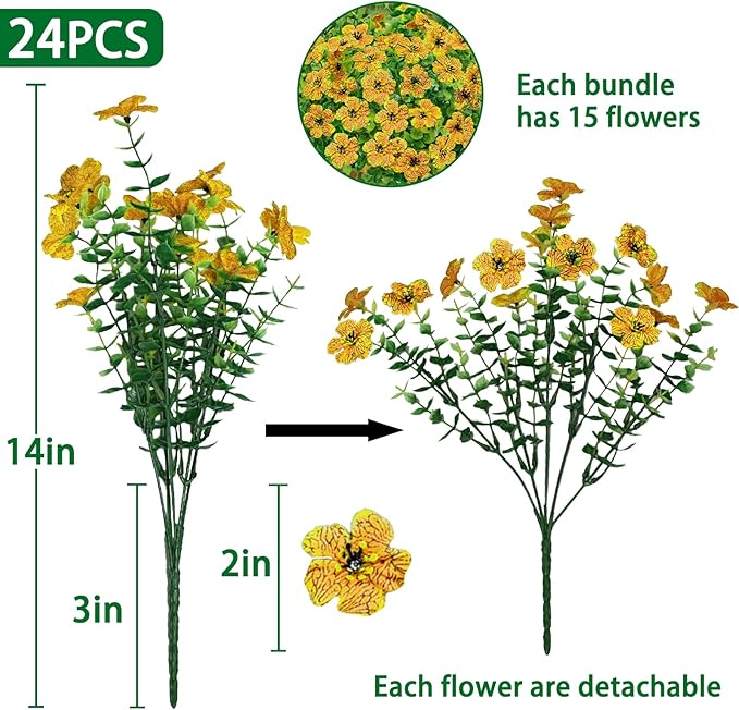 Agusbagli 24 Bundles Artificial Flowers Outdoor UV Resistant Fake Flowers No Fade Faux Plastic Greenery Shrub Plants for Wedding Home Garden Window Box Fireplace Thanksgiving Christmas Decor, Yellow
