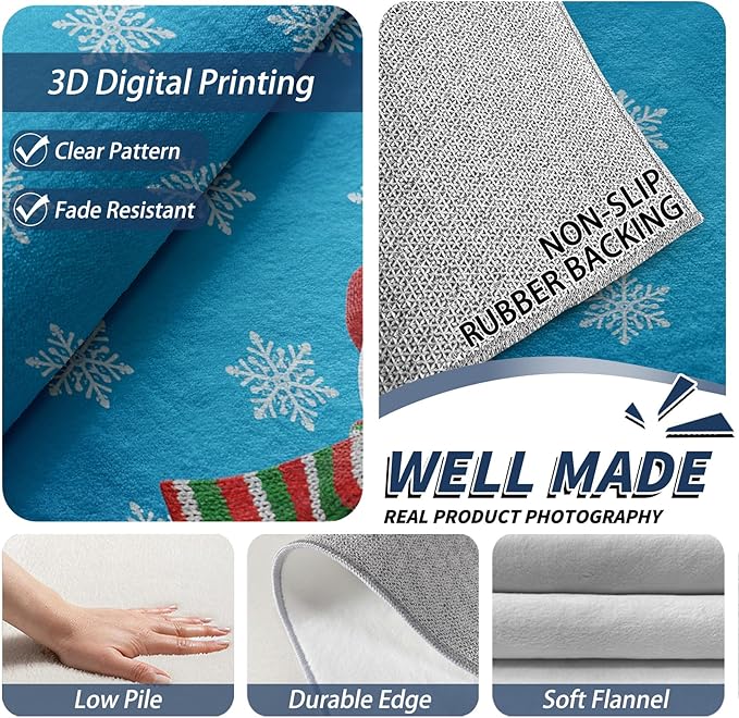 Snowman Rug Blue - 7x9 Rug, Christmas Snowflake Living Room Rugs, Snowman Bedroom Rugs, Kids Cartoon Xmas Carpet, Holiday Home Decor & Gifts