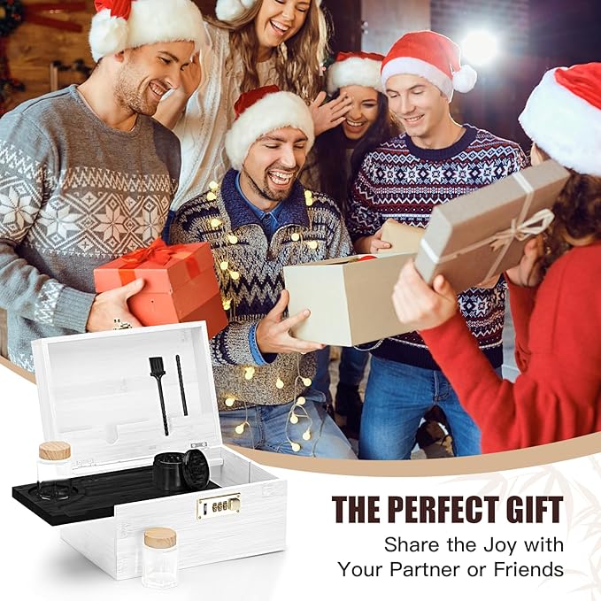 Large bamboo box, locked storage decorative box with combination lock, wooden lock box with lid, wooden locked storage box with removable tray and jars（White&Black）