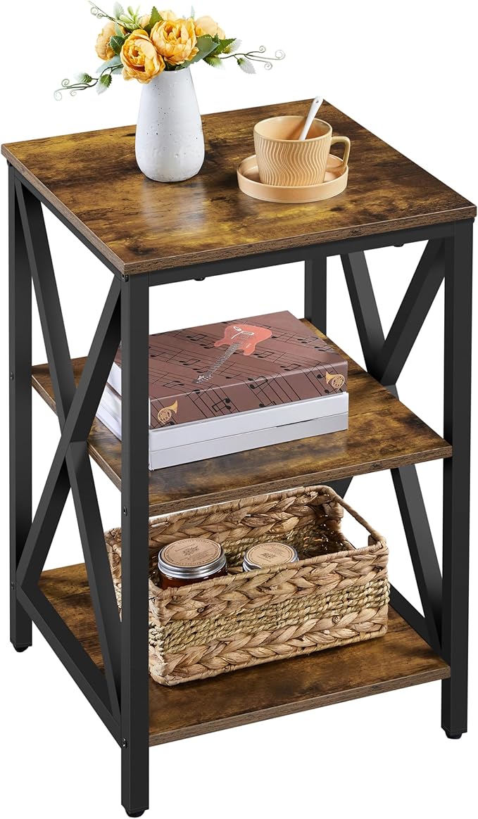 Yaheetech Industrial End Tables, 3-Tier Side Tables with Storage Shelves for Living Room, X Design Sofa Tables, Strong Metal Frame, Easy Assembly, Rustic Brown