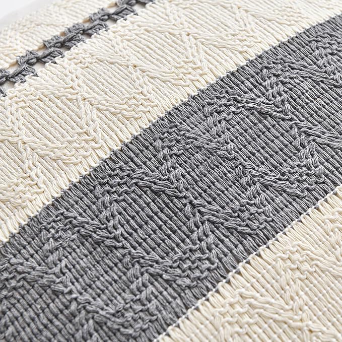 Fancy Homi Set of 2 Neutral Grey Farmhouse Decorative Throw Pillow Covers 22x22 Inch for Couch Bed Chair Indoors, Vintage Country Rustic Retro Room Decor, Soft Thick Cotton Handmade Woven Cushion Case