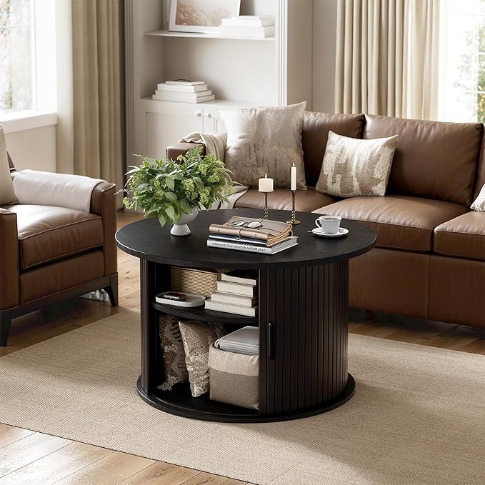 FABATO Round Lift Top Coffee Table, Fluted Wood Accent Coffee Table with Hidden Storage and Open Shelves, Drum Table with Sliding Rolling Door, Small Center Table Dining Table for Living Room, Black