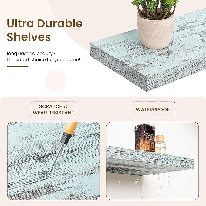 16in Floating Shelves for Wall, 16"W x 9.25"D x 1.25"H, 2 Pack Long Wall Mounted Engineered Wood Shelves with Invisible Brackets for Living Room, Bedroom, Bathroom, Kitchen Decor and Storage, Blue