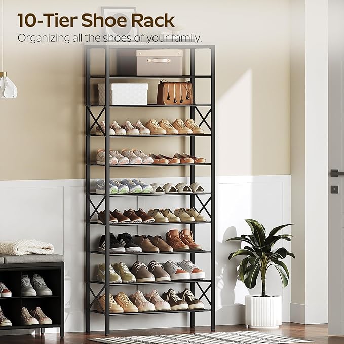 10 Tier Shoe Rack, Large Capacity Shoe Storage Organizer Holds 40 Pairs, Sturdy and Stable, for Entryway, Hallway, Closet, Dorm Room, Greige and Black SS10BG
