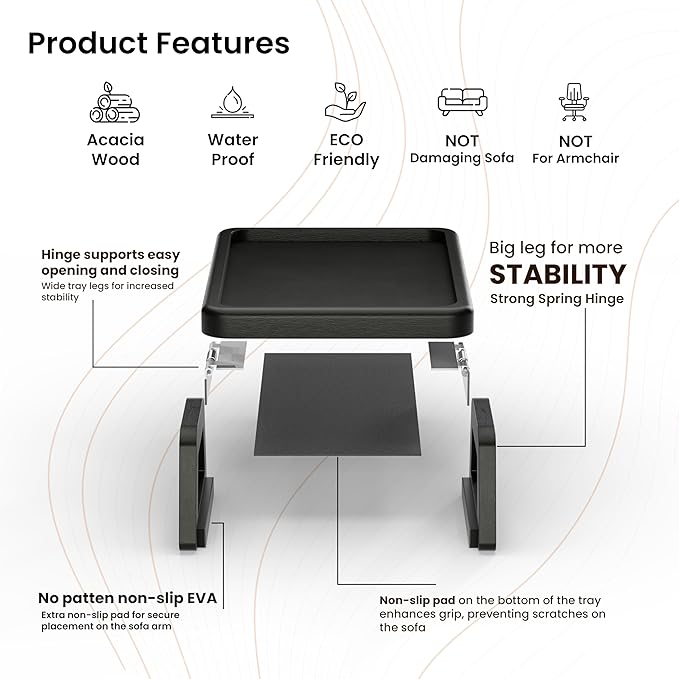 Tinamo Acacia Sofa Arm Tray, Rectangle Couch Armrest Table - Couch Accessories, Armchair Caddy, Clip on Tray for Home Sofa Living Room, Sofa Arm Table (Black, 13.75" D x 9.5" W x 1" H)