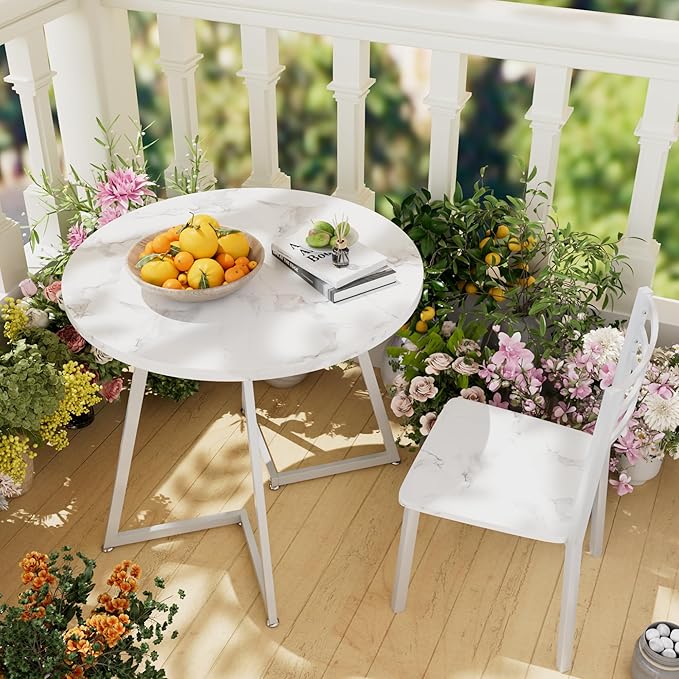 VECELO Small Round Dining Table Set for 2, Wood Tabletop with Strong Metal Frame, Modern Dinette with Chairs for Kitchen, Breakfast Nook Living Room, Faux Marbled & White