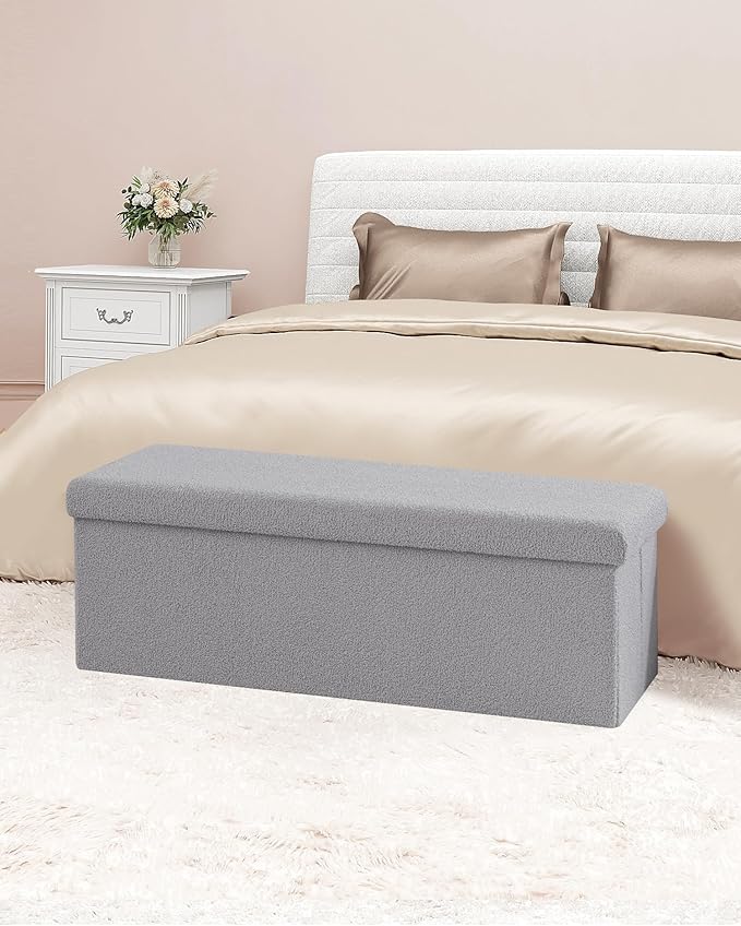 B FSOBEIIALEO Small Storage Ottoman Cube Sherpa Ottomans Foot Rest, Foldable Boucle Ottoman Bench, Faux Teddy Fur, Grey 43.3"x15"x15"