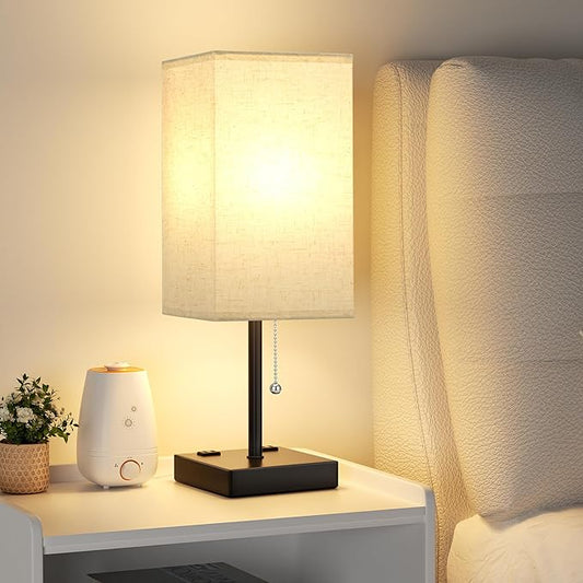 aooshine Beige Table Lamp for Bedroom - 3 Color Temperature 3000K 5000K 4000K Bedside Lamp, Pull Chain Control, USB A and C Ports, AC Outlets, Bulb Included, Medium