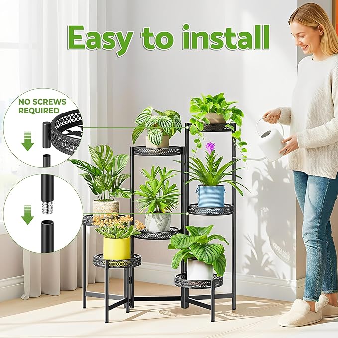 7 Tier Large Metal Plant Stand Indoor Outdoor with 7.9 Inch Wide Tray, Tiered Corner Plant Stand, Flower Display Holder Shelf, Folding Tall Rack for Patio Porch Balcony Living Room Garden - BlackWave