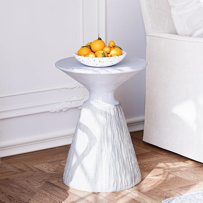SUNBURY Outdoor Side Table, Round Concrete Side Table, Mushroom End Table for Plant Stand, Modern Accent Table, Marble Garden Stool for Patio, Poolside, Spotted White