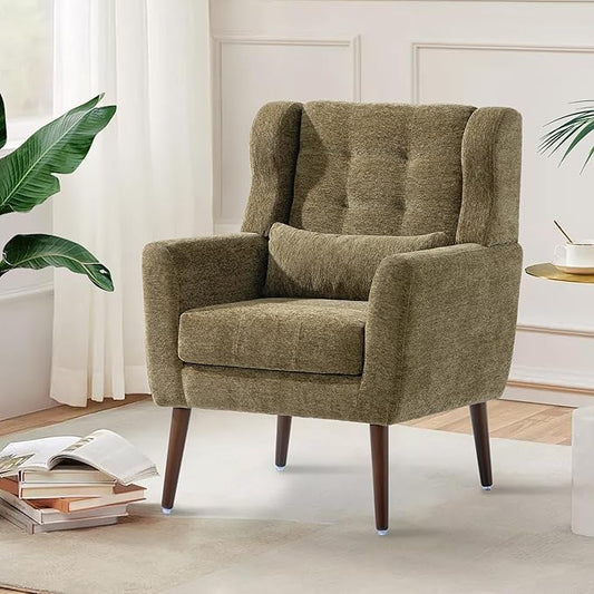 Modern Accent Chair, Upholstered Arm Chair with Waist Pillow, Single Sofa Chair for Living Room Bedroom Small Spaces (Olive)