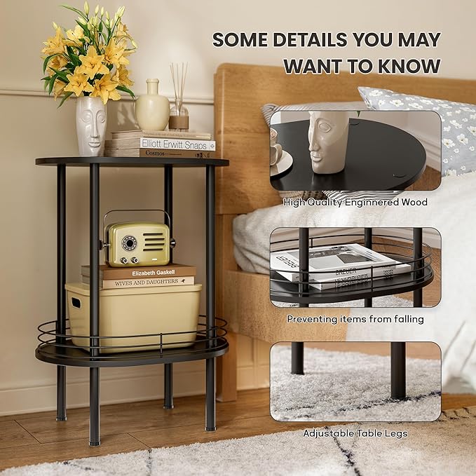 Small Round Side Table,Bedside Table with Storage, Morden Round Nightstand, Samll Side Table for Living Room，Bathroom，Bedroom, Nursery, Laundry, Black