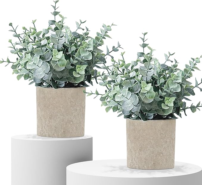 2 Pack Fake Plants Eucalyptus Small Potted Artificial Plants Indoor Greenery for Shelf Desk Home Bathroom Farmhouse Living Room Coffee Table Decor