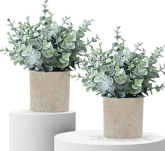 2 Pack Fake Plants Eucalyptus Small Potted Artificial Plants Indoor Greenery for Shelf Desk Home Bathroom Farmhouse Living Room Coffee Table Decor