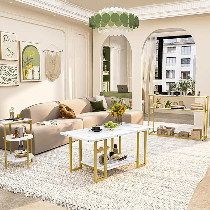 AWQM 3 Pieces Modern Coffee Set, with End Table and Console Table, Contemporary Faux Marble Living Room Table Sets, White&Gold