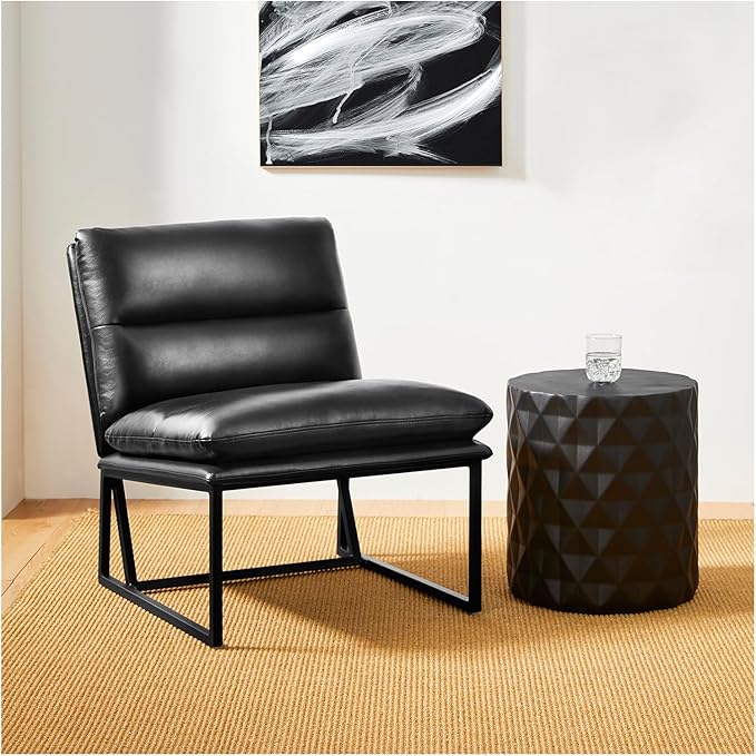 Glitzhome Mid Century Modern Accent Chair, Black Thick Leatherette With Metal Frame, Side With Backrest, Upholstered Leisure for Living Room, Bedroom, Office, 1PC