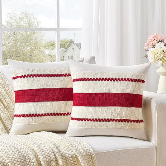 Fancy Homi Set of 2 Boho Red Decorative Throw Pillow Cover 16x16 Inch for Couch Bed Sofa, Aesthetic Modern Organic Farmhouse Home Decor, Soft Cotton Cute Accent Macrame Woven Cushion Case