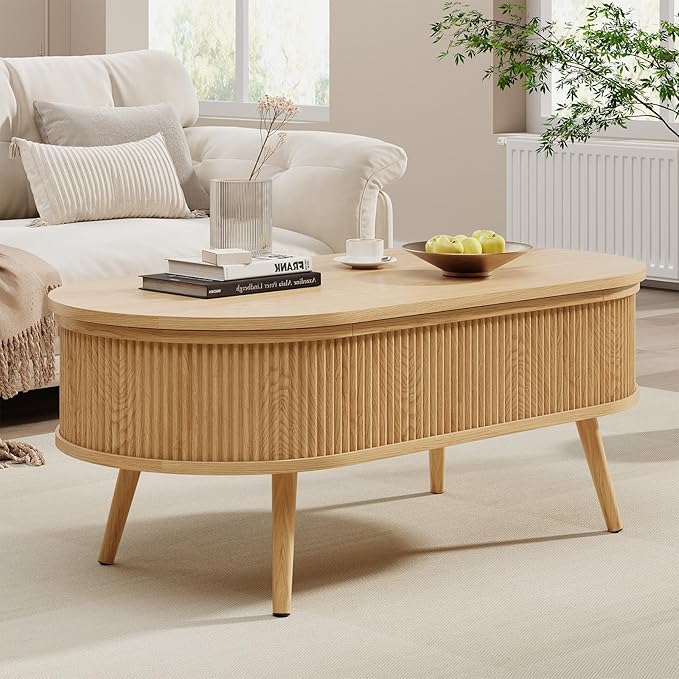 Mid Century Oval Coffee Table, Fluted Center Table with Lift Top, Modern Dining Table with Storage for Living Room Home Office, 39.4", Oak