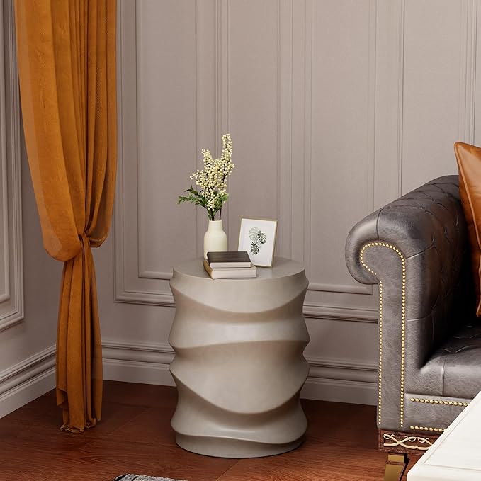 HOMPUS Outdoor Side Table Set of 2, Modern Vintage Garden Side Table, Round Concrete Accent Table for Indoor Outdoor Use, Grey