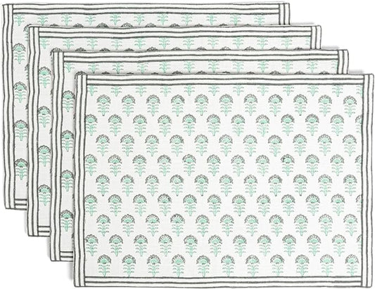 Over&Back Set of 4 Hand-Blocked Placemats - Colorful Dining Table Mat - Each Placemat is Unique - 100% Cotton - Machine Washable - Kitchen and Home Decor - Green Flower