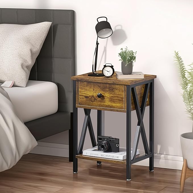 VECELO Nightstands Set of 2, Modern Bedside End Tables, Night Stands with Drawer and Storage Shelf for Living Room Bedroom, Industrial Metal Frame
