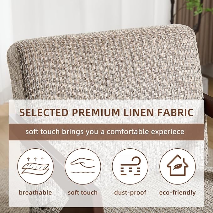 INZOY Mid Century Modern Accent Chair with Wood Frame, Upholstered Reading Armchair with Soft Linen Fabric, Accent Chair for Living Room Bedroom Apartment, Easy Assembly, Brown