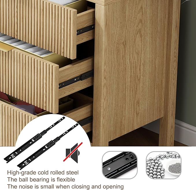 End Table with Storage, Wooden Farmhouse Nightstands with 3 Drawers, Bedside Table - Boho Tall Side Table Accent for Bedroom, Living Room, Nature