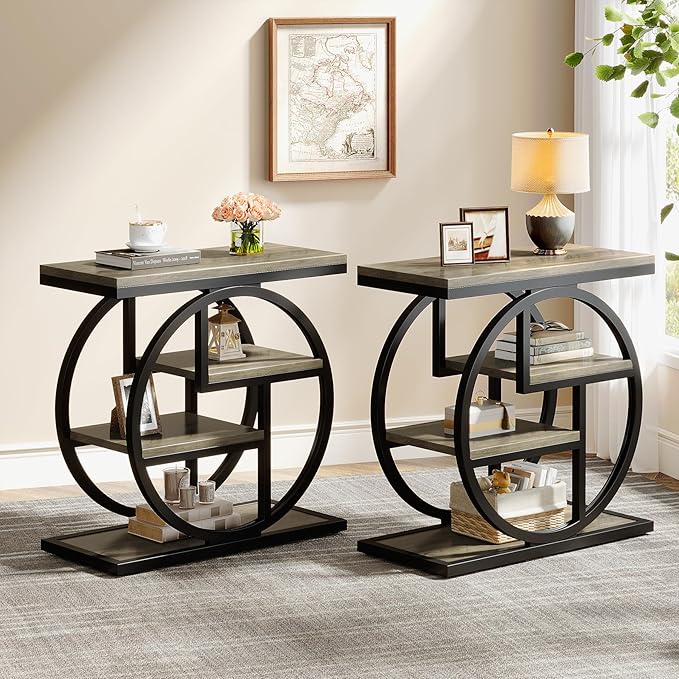 Tribesigns End Table Set of 2, 4-Tier Narrow Side Table with Storage Shelves, Wood Small Sofa Side Table with Geometric Metal Frame, Industrial Bedside Table for Bedroom, Living Room, Grey