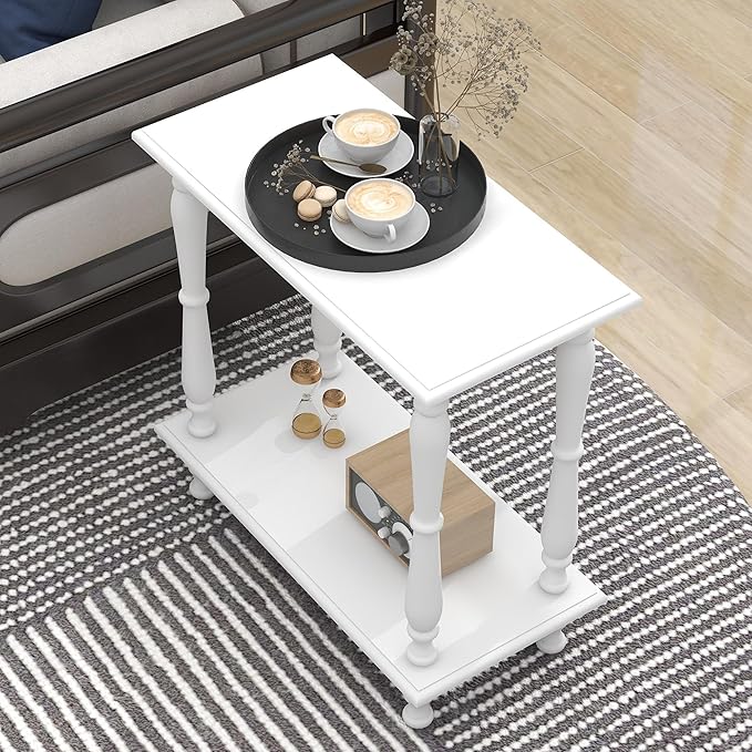 TaoHFE White Narrow Side Table Wooden Vintage End Tables Living Room French Style 24 Inch Sofa Side Table with Open Shelf 2-Tier Retro Bedside Table for Bedroom Living Room Small Space, White