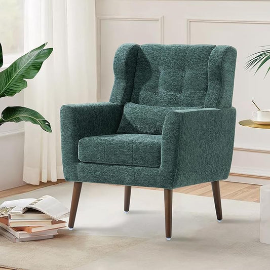 Modern Accent Chair, Upholstered Arm Chair with Waist Pillow, Single Sofa Chair for Living Room Bedroom Small Spaces (Green)