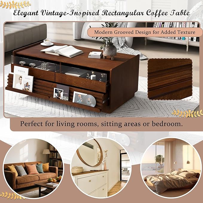 Modern Wooden Coffee Table with 4 Drawers & 2 Open Storage Shelves, 47.2-Inch Rectangular Fluted Accent Tables Center Cocktail Table for Living Room, Brown
