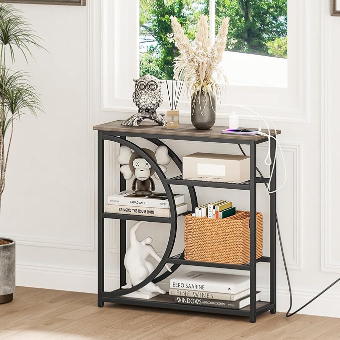 Snughome Entryway Table, Console Table with Charging Station, Industrial Narrow Sofa Table with 5 Tier Storage Shelves, Entrance Table for Hallway, Living Room, Foyer, Grey