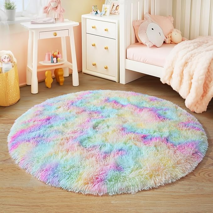 3'x3' Rainbow Round Rugs for Girls Bedroom, Ultra Soft Fluffy Circle Rug for Kids Room, Cute Small Shag Rugs for Living Room Playroom Tent Castle Home Decor Rug
