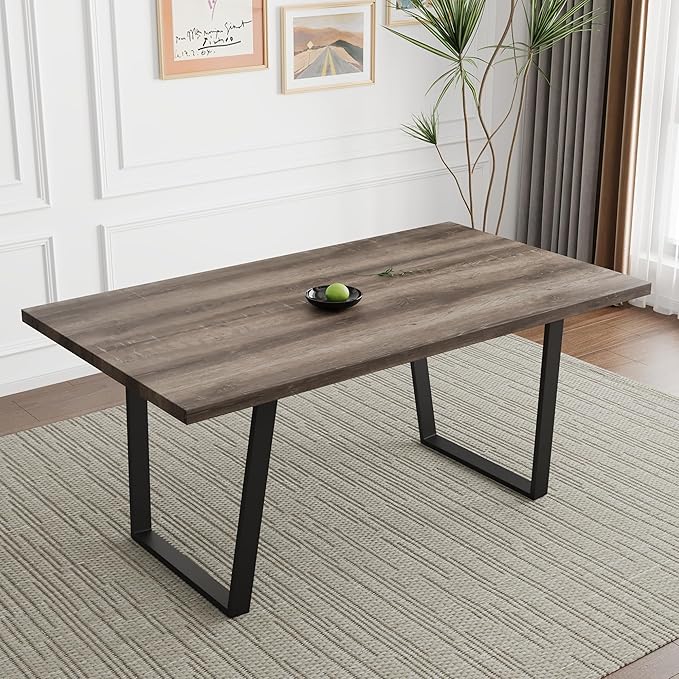 Modern Wooden Dining Table, 63'' Wooden Rectangle Table, Kitchen & Dining Room Table, Modern Kitchen Dining Table with Metal Legs for Living Room & Dining Room