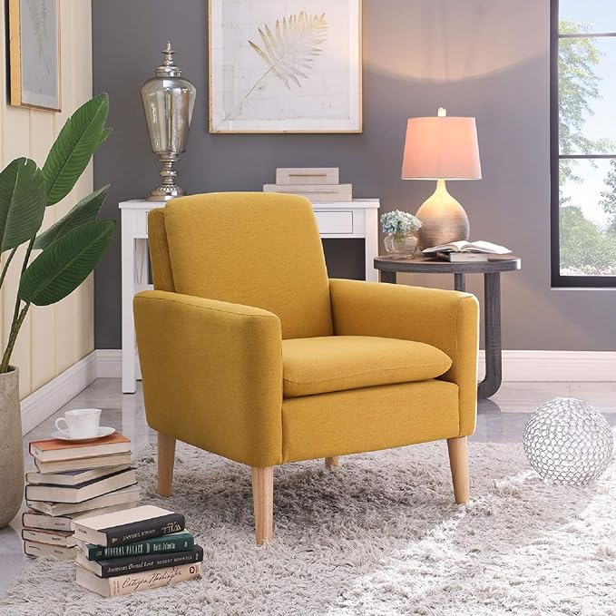 Lohoms Set of 2 Accent Chair for Living Room, Mustard Yellow Comfy Reading Leisure Chair for Bedroom, Mid-Century Modern Fabric Upholstered Armchair for Reading Nook, Waiting Area, Wood Legs