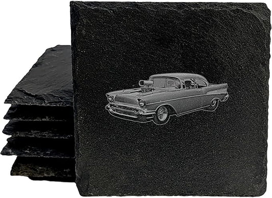 Rev It Up in Style: 1957 Chevy Bel Air Hot Rod Coasters for Gearheads - Square Slate - Set of 5
