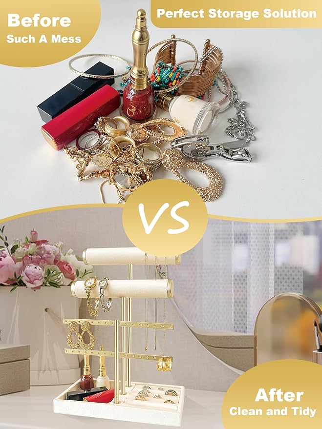 3 Tier Jewelry Organizer Stand with Detachable Ring Tray, Multi-functional necklace Holder for Bracelet, Earring, Elegant Closet Decor Gift for Women (White)