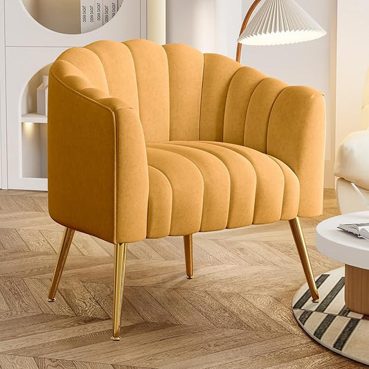 Oversized Pumpkin Couch Accent Chair, Modern Comfy Velvet Upholstered Barrel Chairs, Luxury Single Sofa Armchair for Living Room, Waiting Room, Office and Vanity, (Mustard)