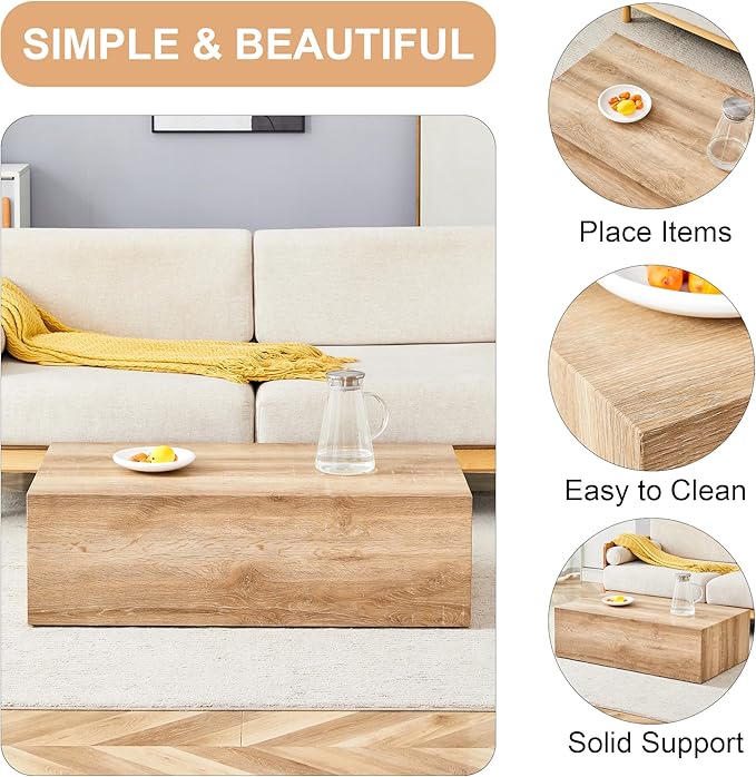 39.3" Rectangular Wood Coffee Table, Modern Coffee Tables in Natural Wood Finish for Living Room, Contemporary No Assembly Wooden Center Cocktail Table for Bedroom, Reception Room