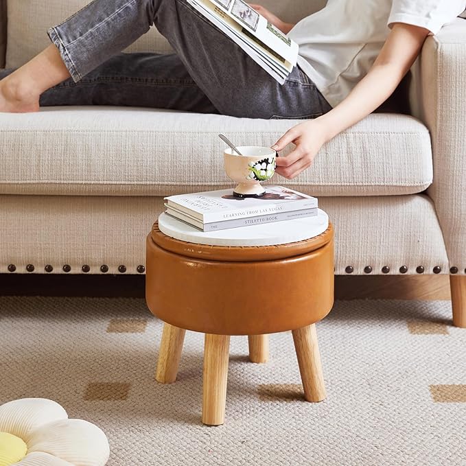 IBUYKE 13 Inch Foot Stool Ottoman with Storage, Round Small Foot Rest with Padded Seat and Wood Legs, PU Faux Leather Mini Footstool for Living Room Couch Bedroom Entryway, Yellowish-Brown WBD023J