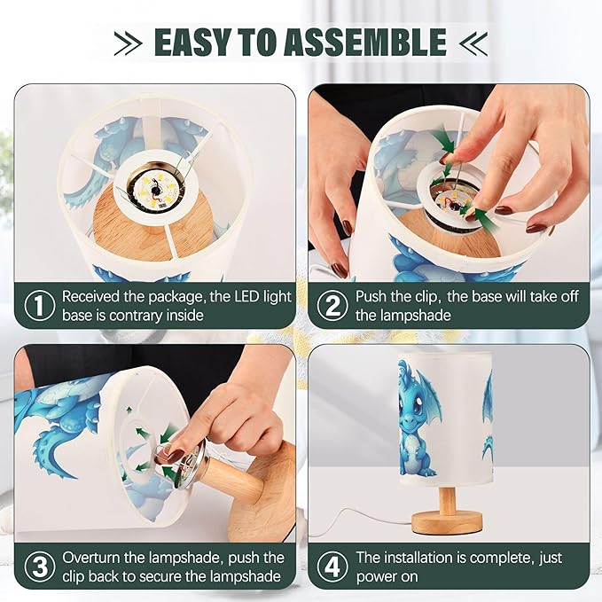 Table Lamp Blue Dragon Nightstand Lamp with Wood Base Fabric Lamp Shade Bedside Desk Lamp for Living Room Bedroom Kids Room Office